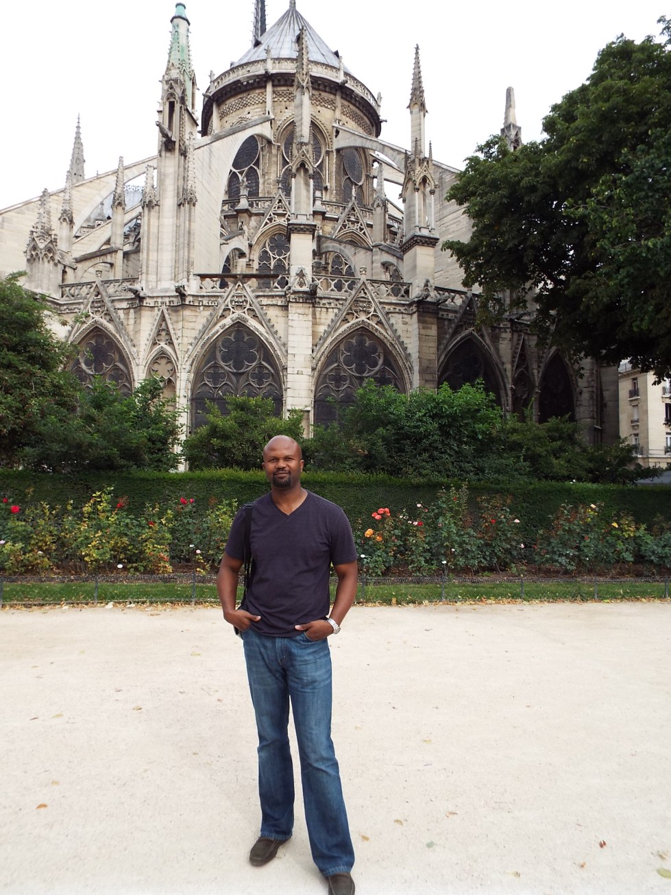 T at the back of the Notre Dame, his favorite of the many cathedrals we've visited on my worldwide cathedral tour.